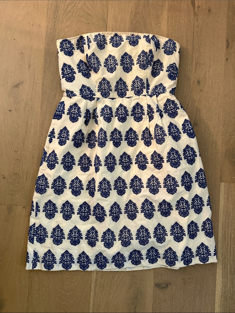 J. Crew Cream Strapless Dress with Navy Blue Floral Motif, new, never worn